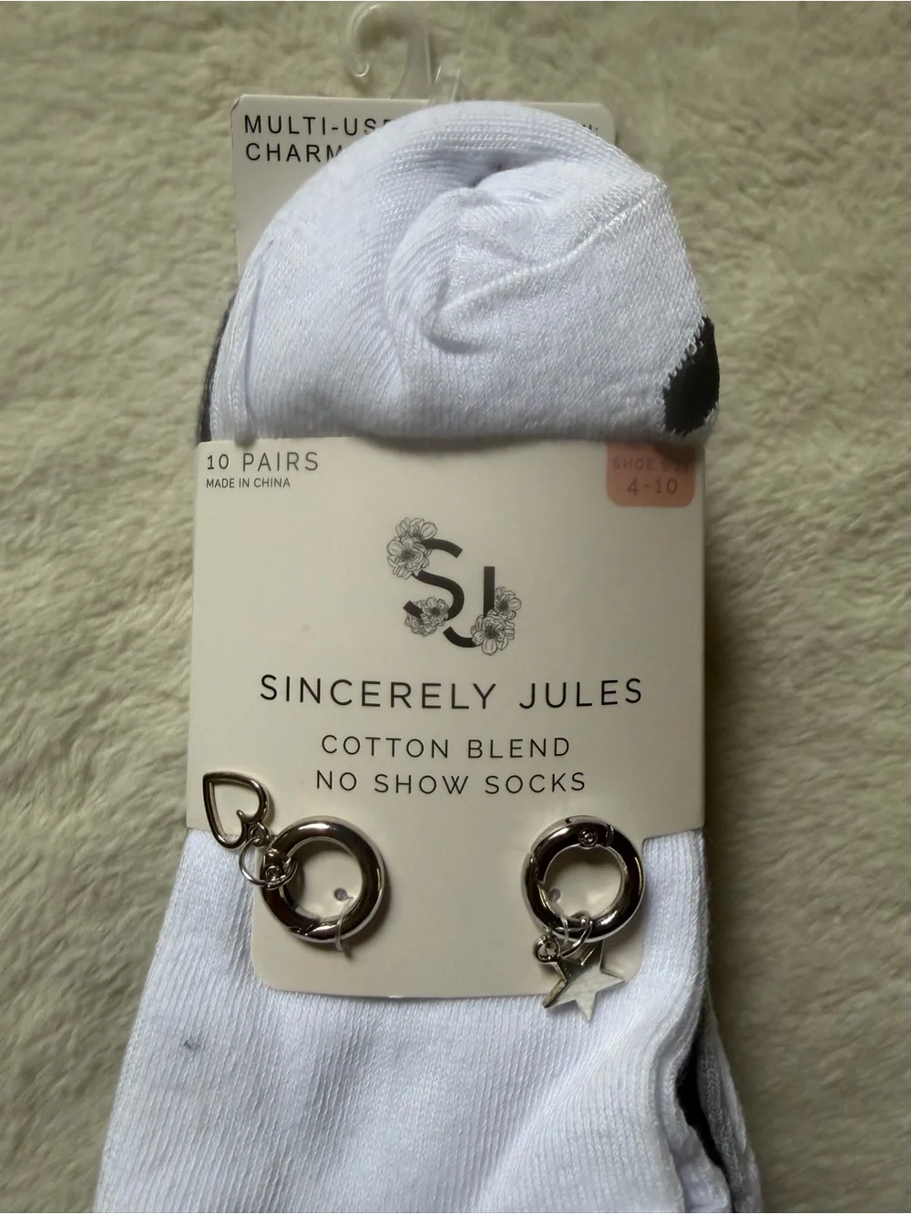 Sincerely Jules White & Gray Athletic No-Show Socks with Charms (10 Pairs)